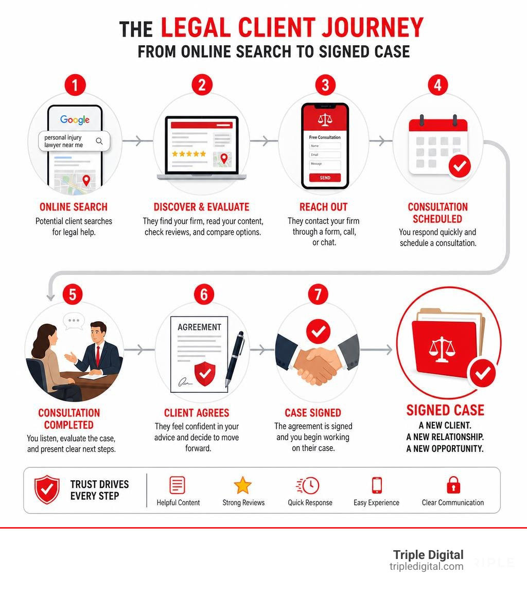 Legal client journey from online search to signed case infographic infographic