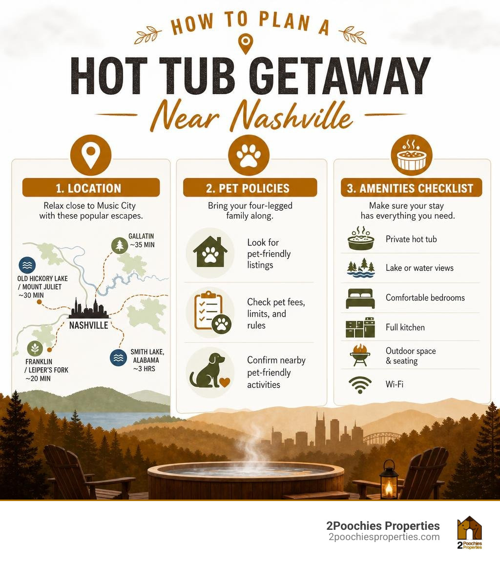 how to plan a hot tub getaway near Nashville - location, pet policies, amenities checklist infographic how to plan a hot tub getaway near Nashville - location, pet policies, amenities checklist infographic