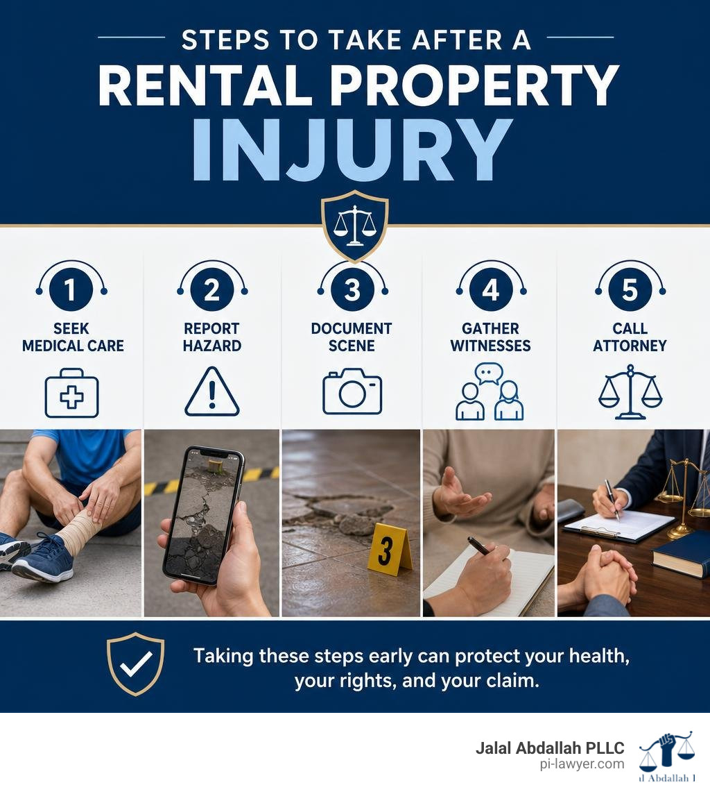 Steps to take after a rental property injury: seek medical care, report hazard, document scene, gather witnesses, call