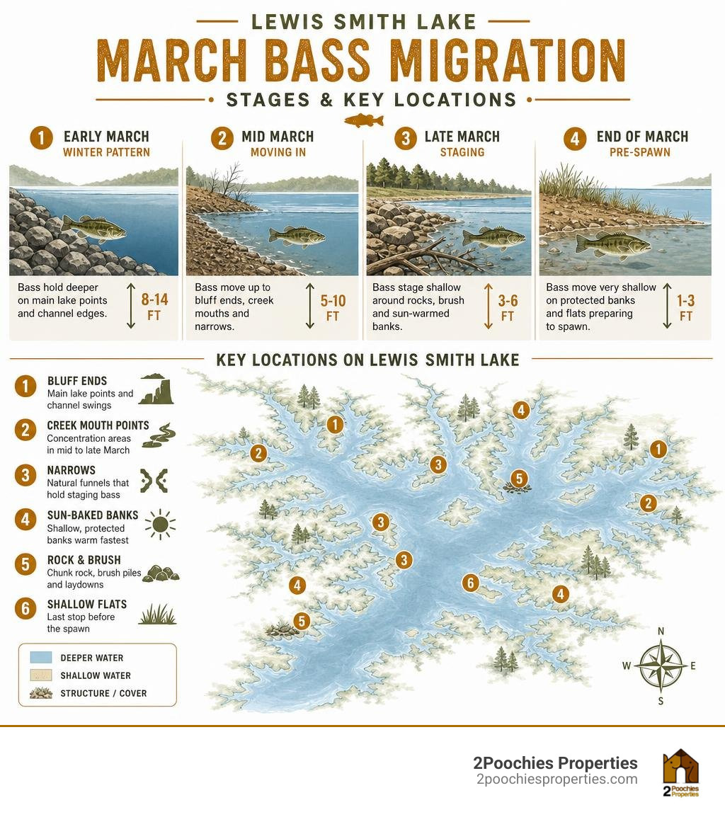 March bass migration stages and key locations on Lewis Smith Lake infographic infographic March bass migration stages and key locations on Lewis Smith Lake infographic infographic