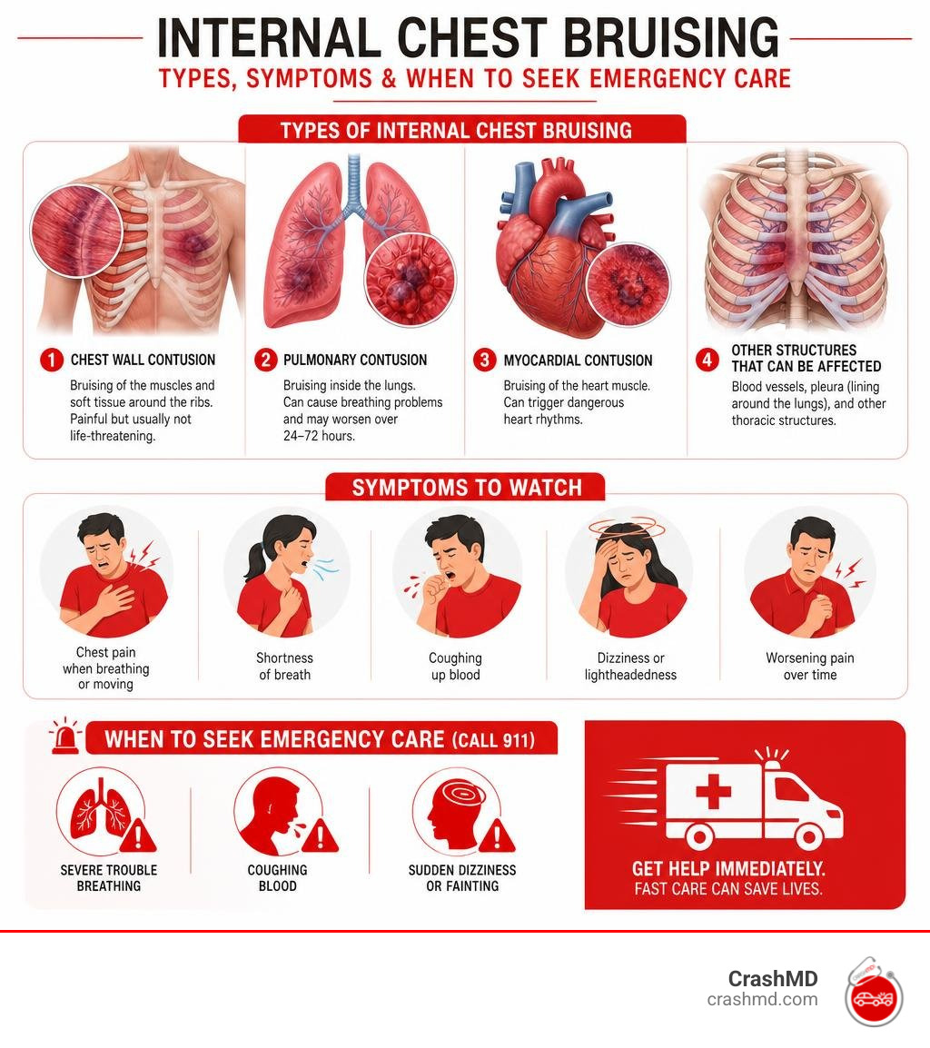 infographic showing types of internal chest bruising, symptoms, and when to seek emergency care infographic