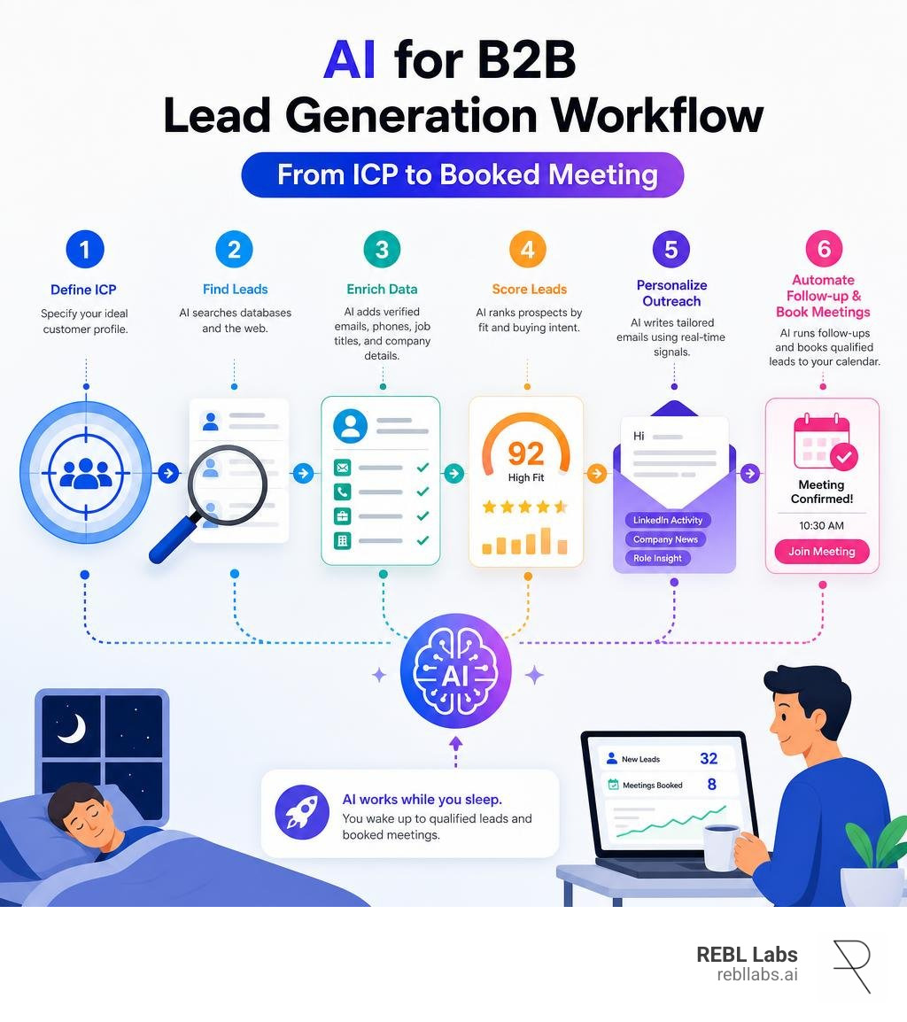 AI for B2B lead generation workflow from ICP to booked meeting infographic infographic