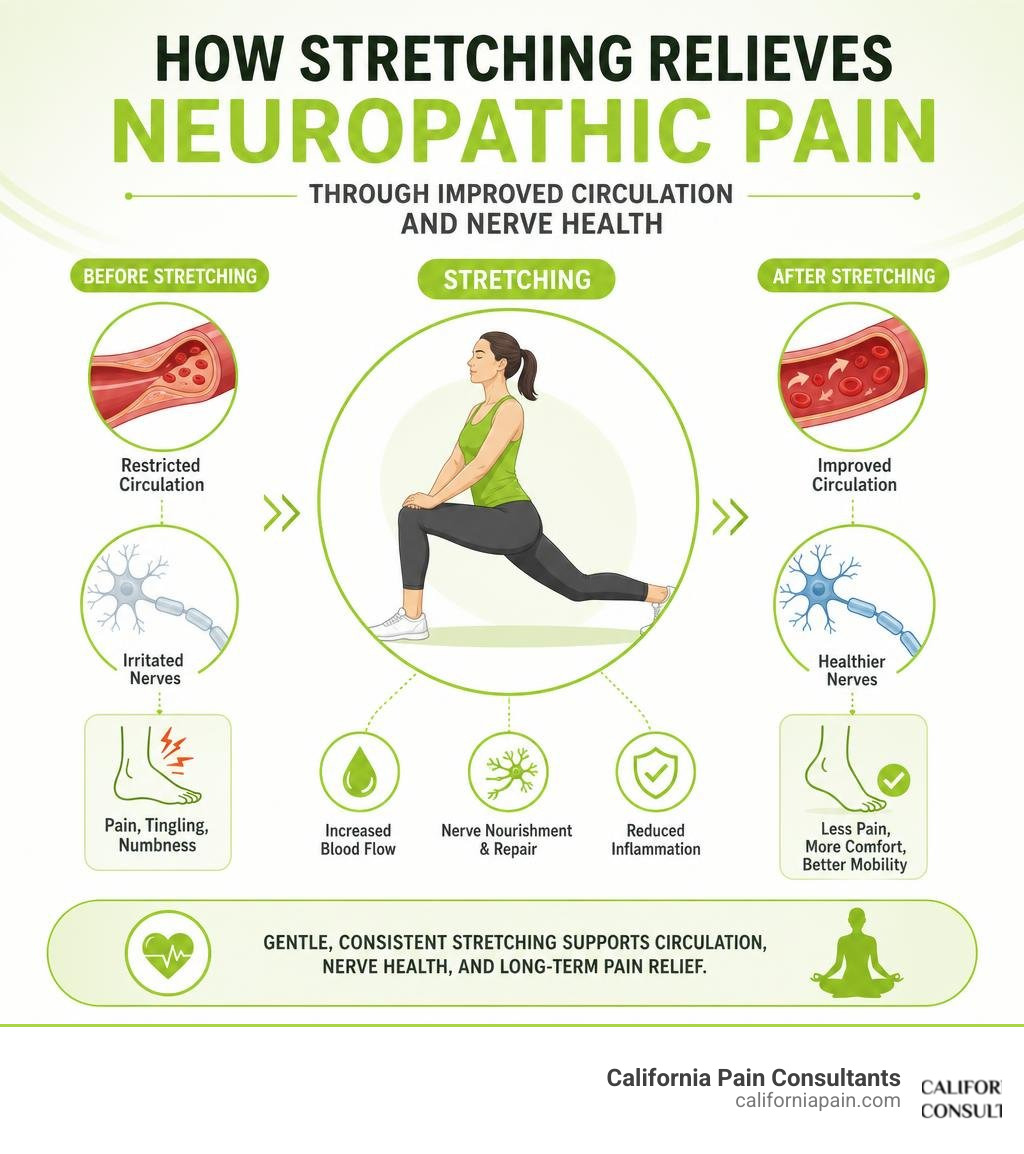 Infographic showing how stretching relieves neuropathic pain through improved circulation and nerve health infographic