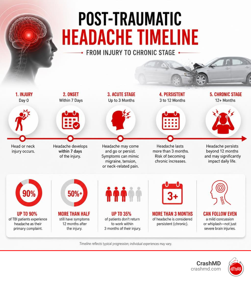 Post-traumatic headache timeline from injury to chronic stage with key statistics infographic Post-traumatic headache timeline from injury to chronic stage with key statistics infographic