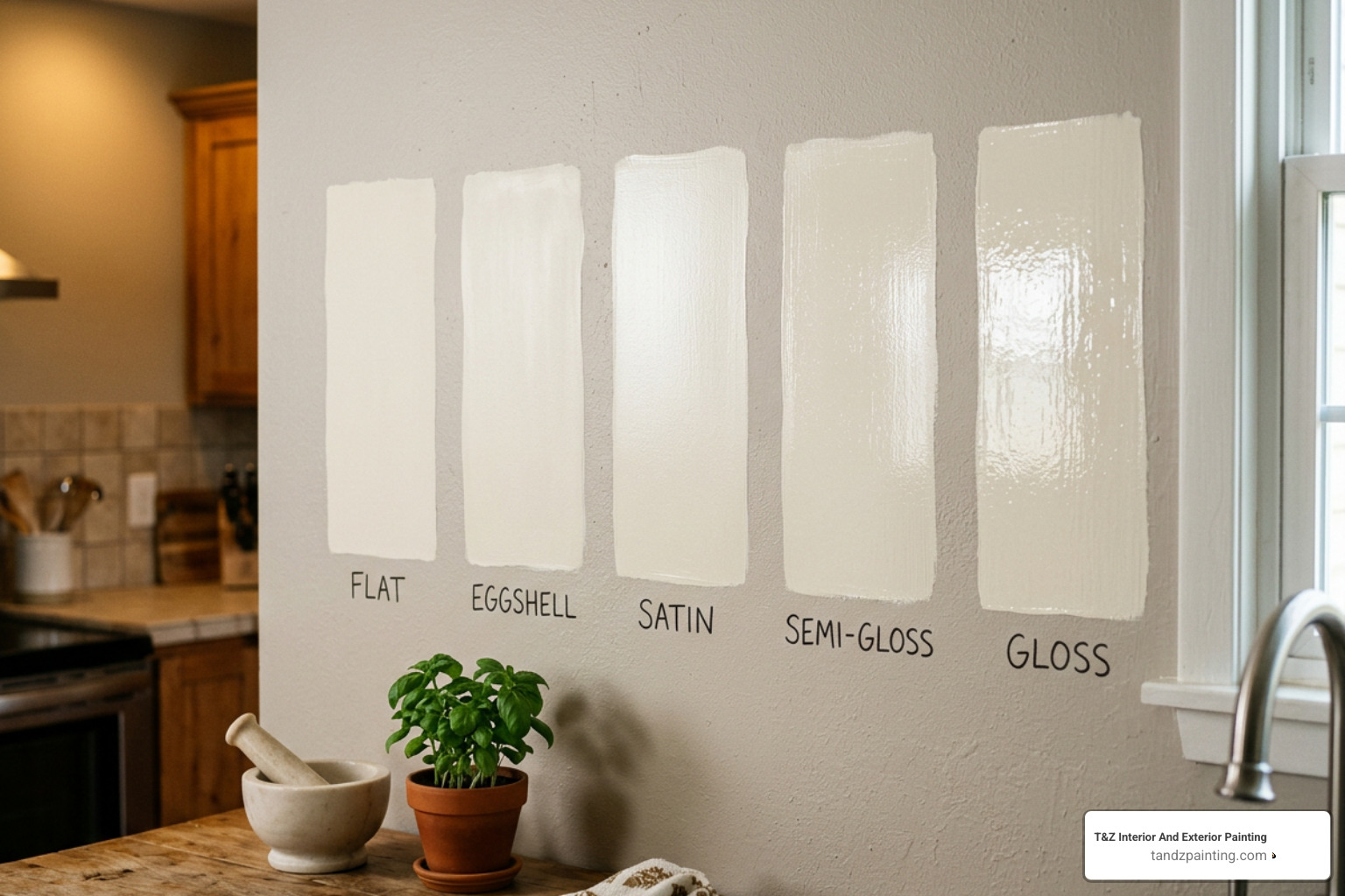 Paint sheen swatches under kitchen lighting showing different levels of light reflection