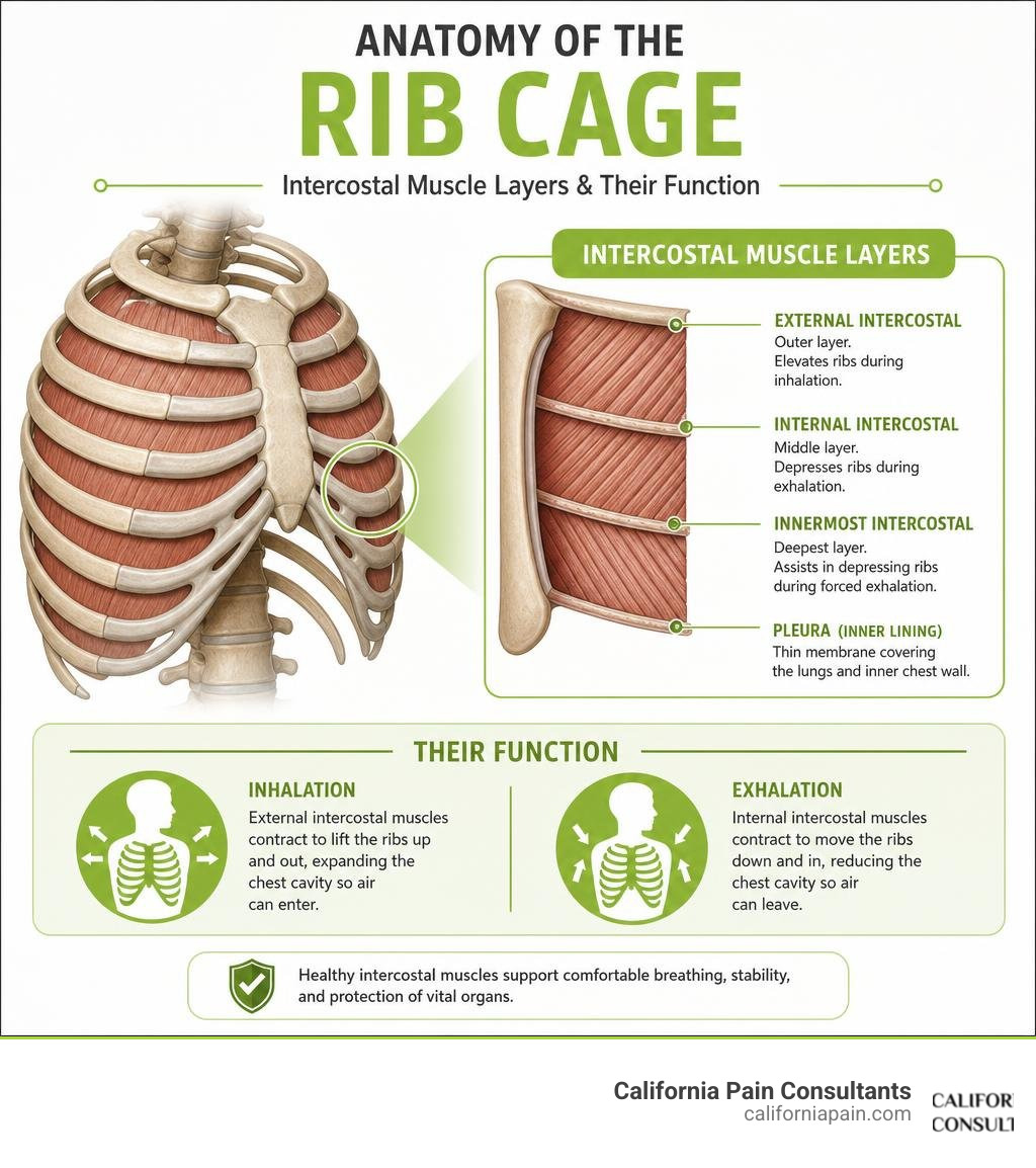 Anatomy of the rib cage showing intercostal muscle layers and their function infographic