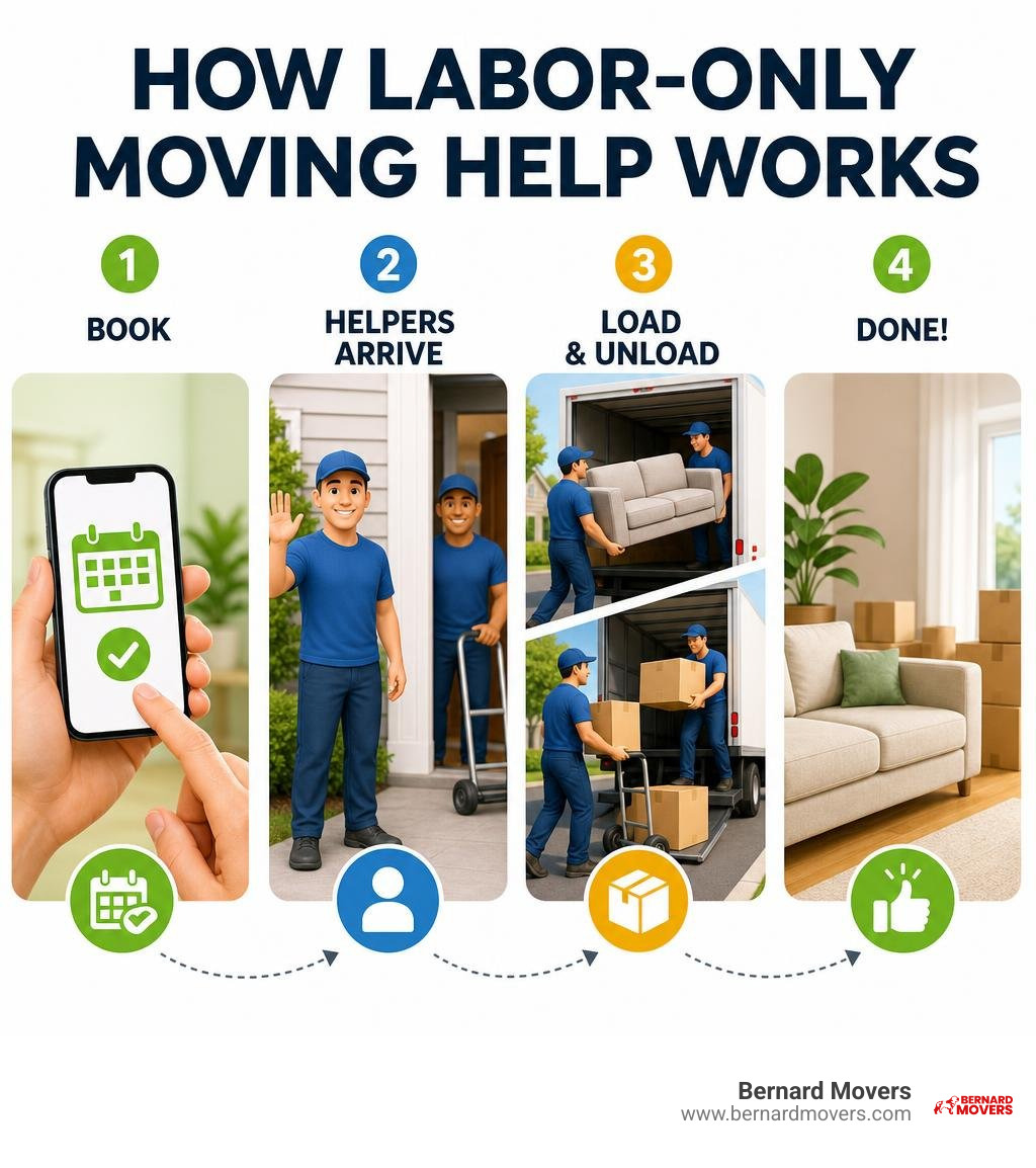 infographic showing how labor-only moving help works: book, helpers arrive, load, unload, done infographic