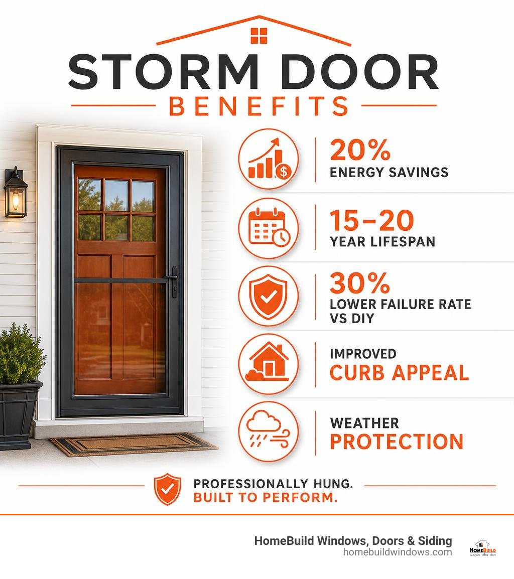 Infographic showing storm door benefits: 20% energy savings, 15-20 year lifespan, 30% lower failure rate vs DIY, improved Infographic showing storm door benefits: 20% energy savings, 15-20 year lifespan, 30% lower failure rate vs DIY, improved