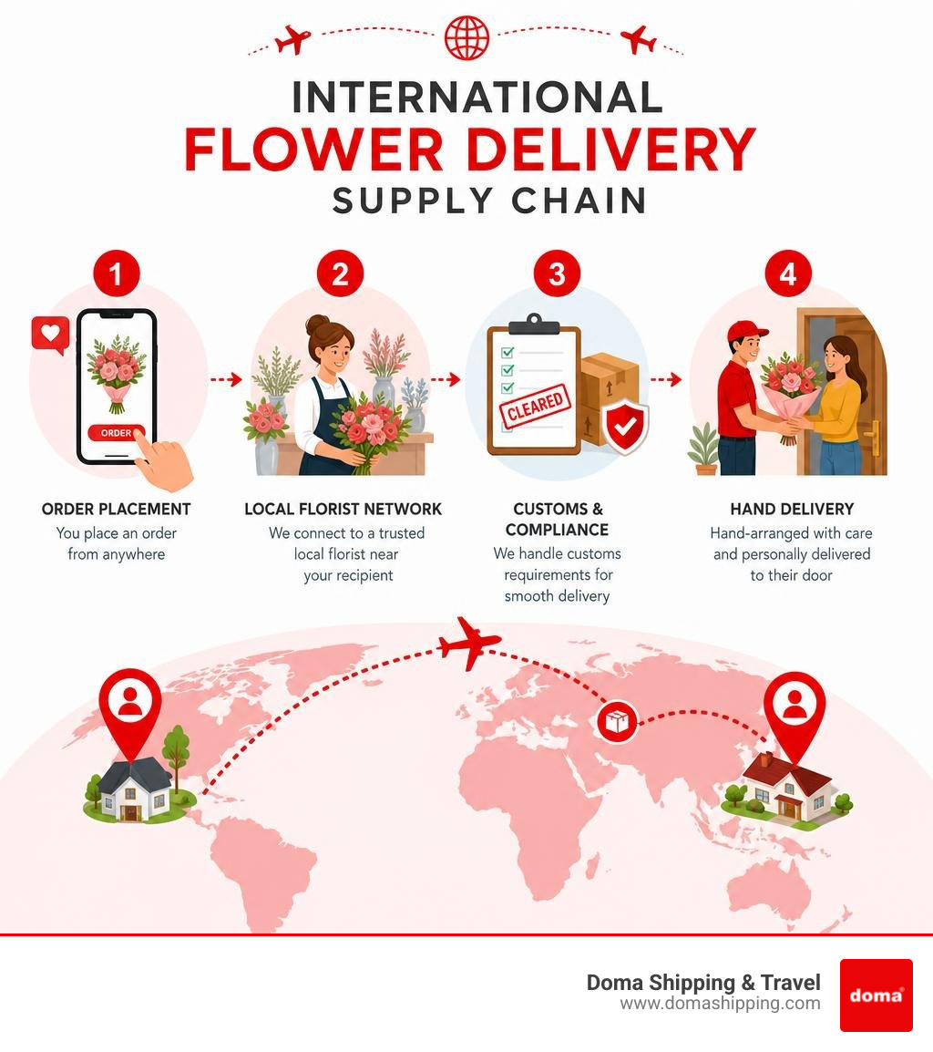 International flower delivery supply chain infographic showing order placement, local florist network, customs, and hand International flower delivery supply chain infographic showing order placement, local florist network, customs, and hand
