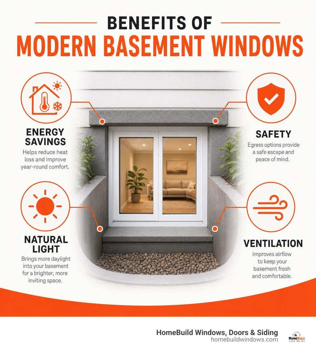 Benefits of modern basement windows: energy savings, safety, natural light, and ventilation infographic Benefits of modern basement windows: energy savings, safety, natural light, and ventilation infographic