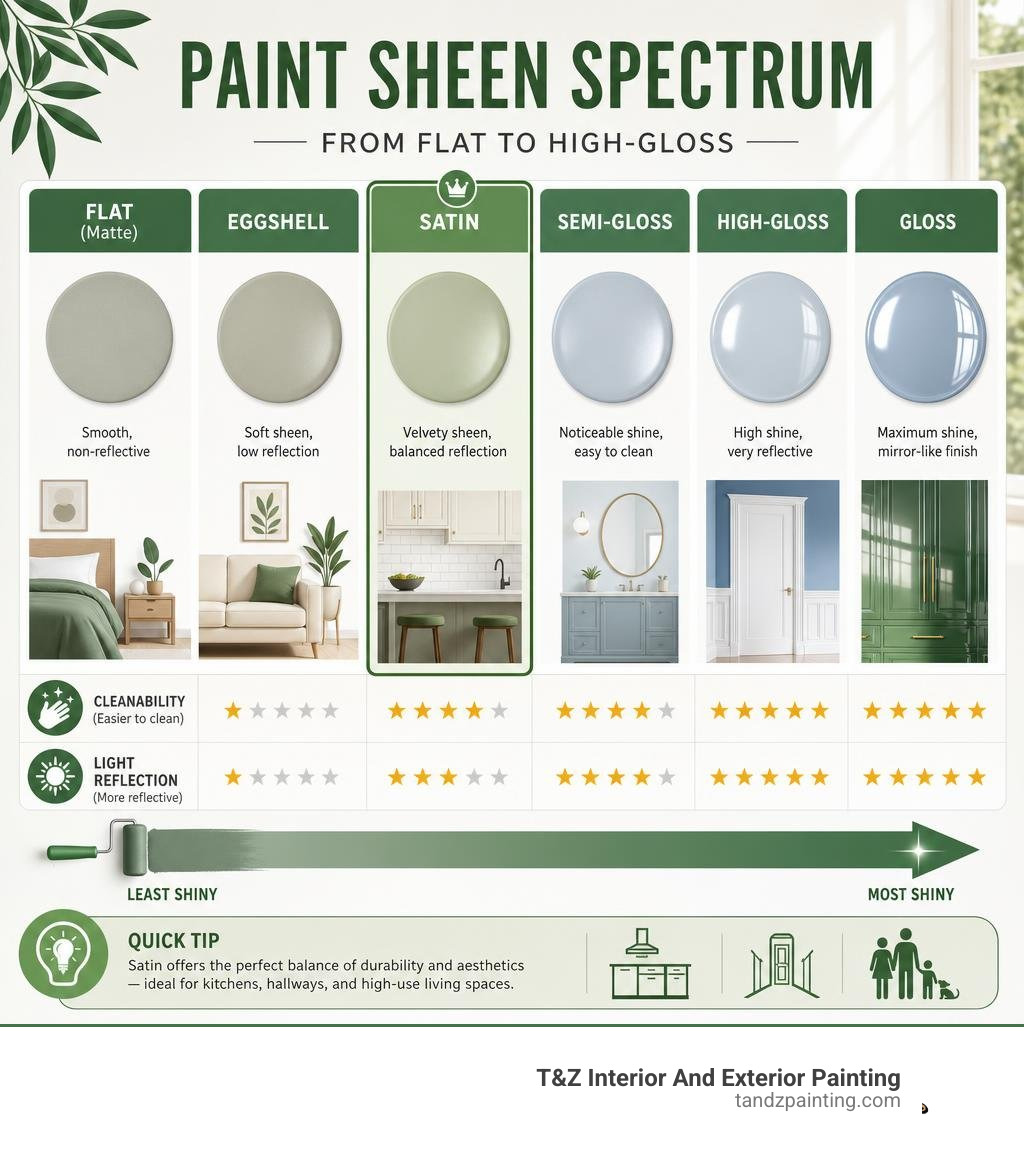 Paint sheen spectrum from flat to high-gloss with cleanability and light reflection ratings for each finish infographic