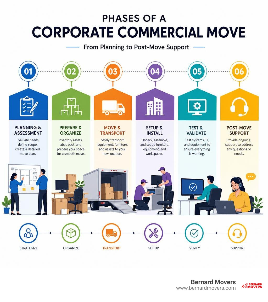 Phases of a corporate commercial move from planning to post-move support infographic Phases of a corporate commercial move from planning to post-move support infographic