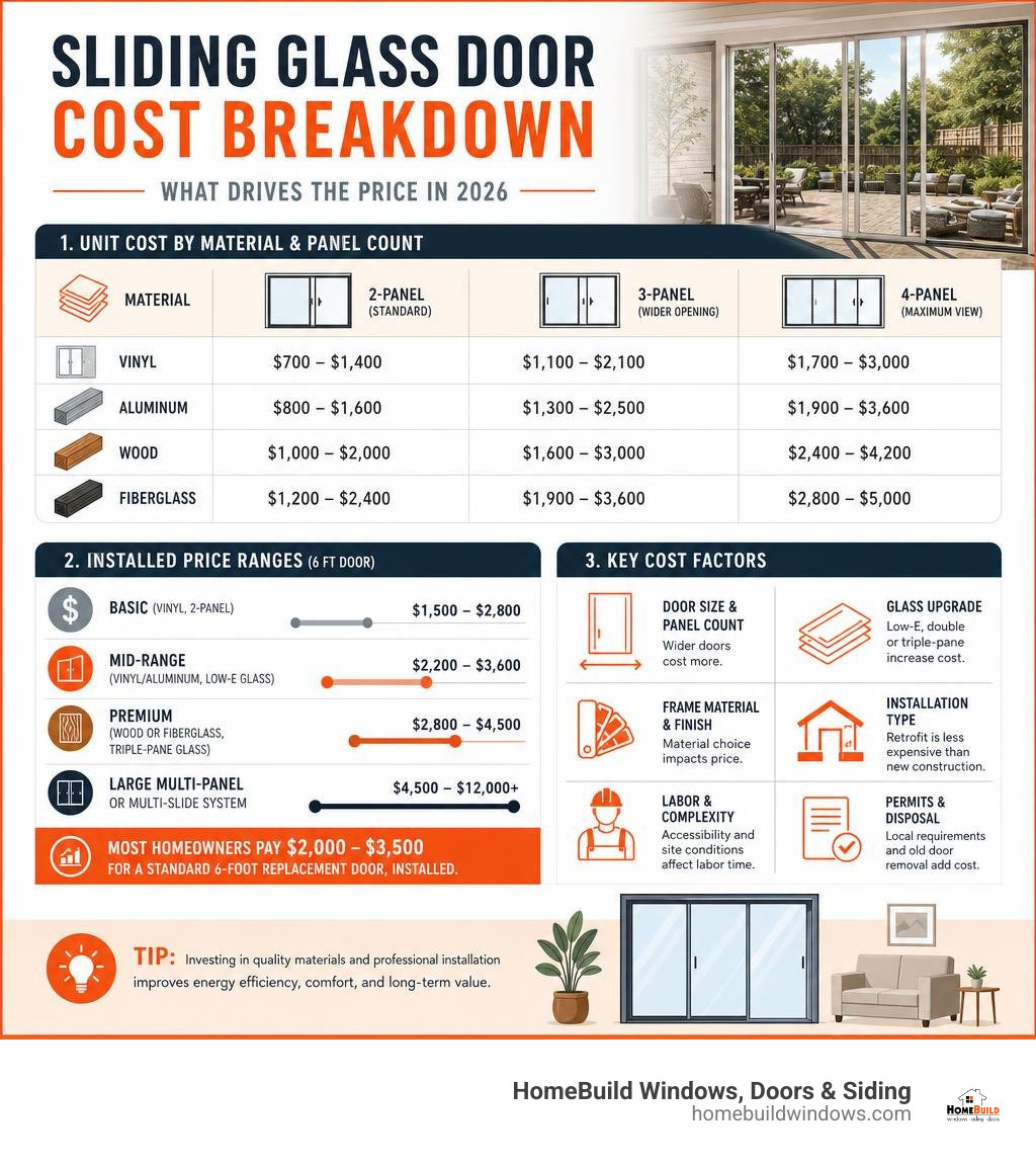 Sliding glass door cost breakdown infographic: unit cost by material and panel count, installed price ranges, and key cost