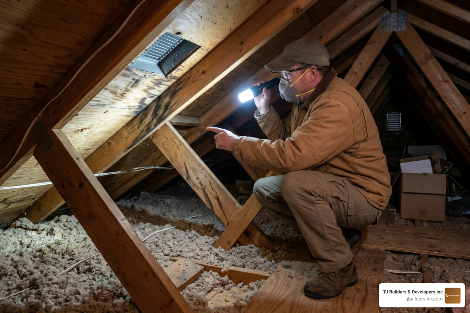 Attic inspection with flashlight to locate water stains and trace leak source Attic inspection with flashlight to locate water stains and trace leak source