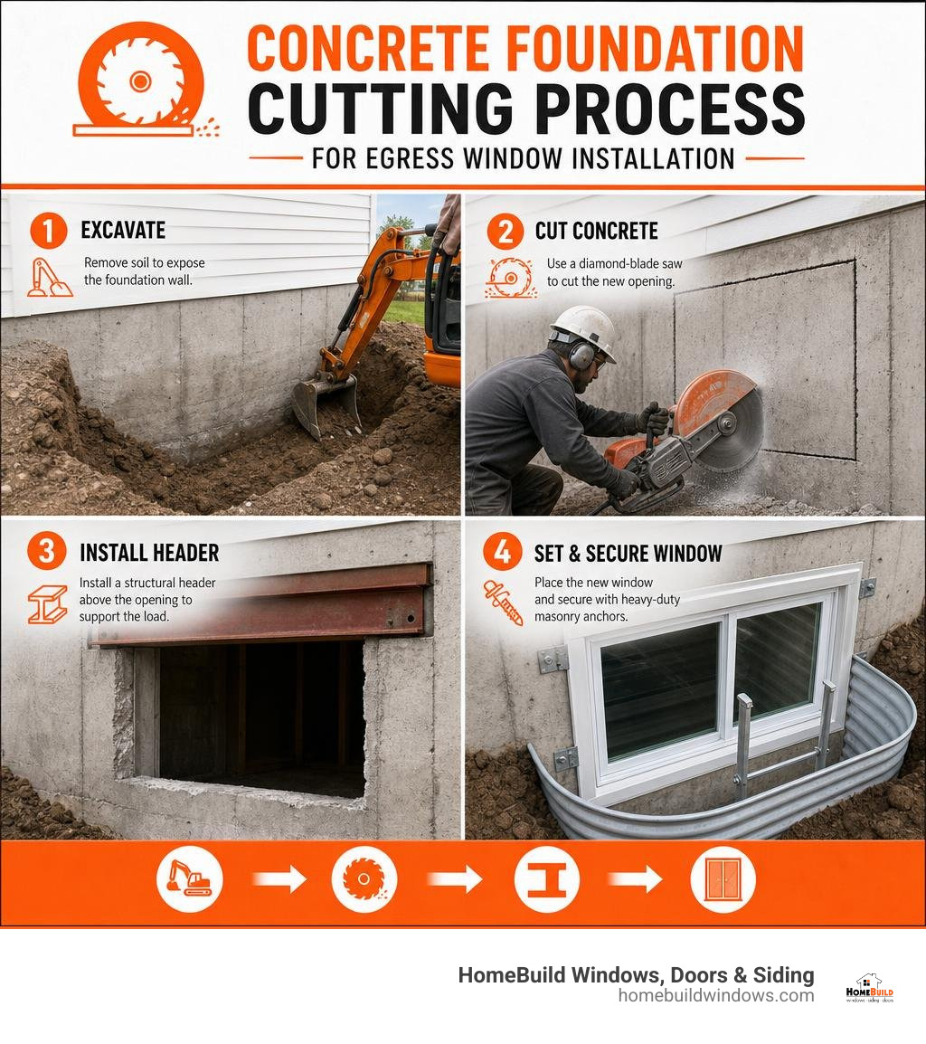 Infographic of concrete foundation cutting process for egress installation infographic Infographic of concrete foundation cutting process for egress installation infographic