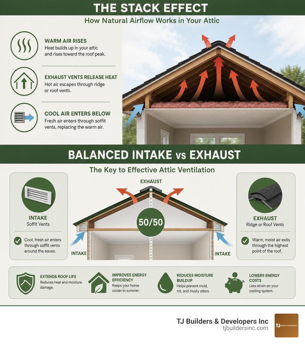 Infographic showing the stack effect in residential attics and balanced intake vs exhaust ventilation infographic