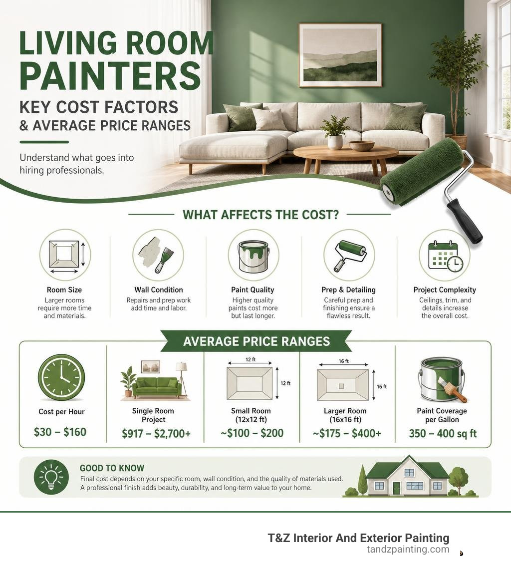 Infographic showing key cost factors for hiring living room painters and average price ranges infographic Infographic showing key cost factors for hiring living room painters and average price ranges infographic