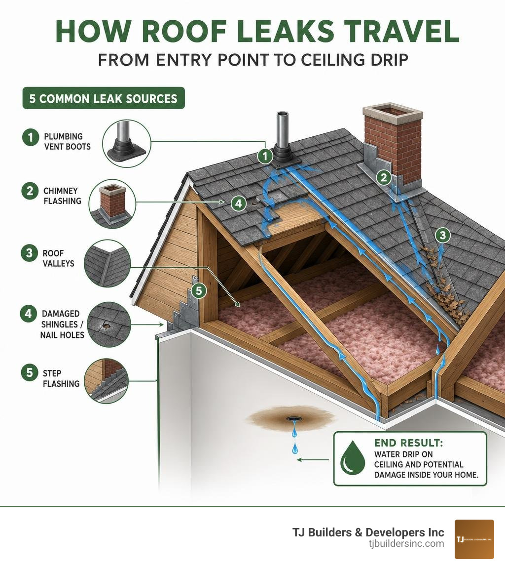 Infographic showing how water travels along roof rafters from entry point to ceiling drip location, with 5 common leak Infographic showing how water travels along roof rafters from entry point to ceiling drip location, with 5 common leak