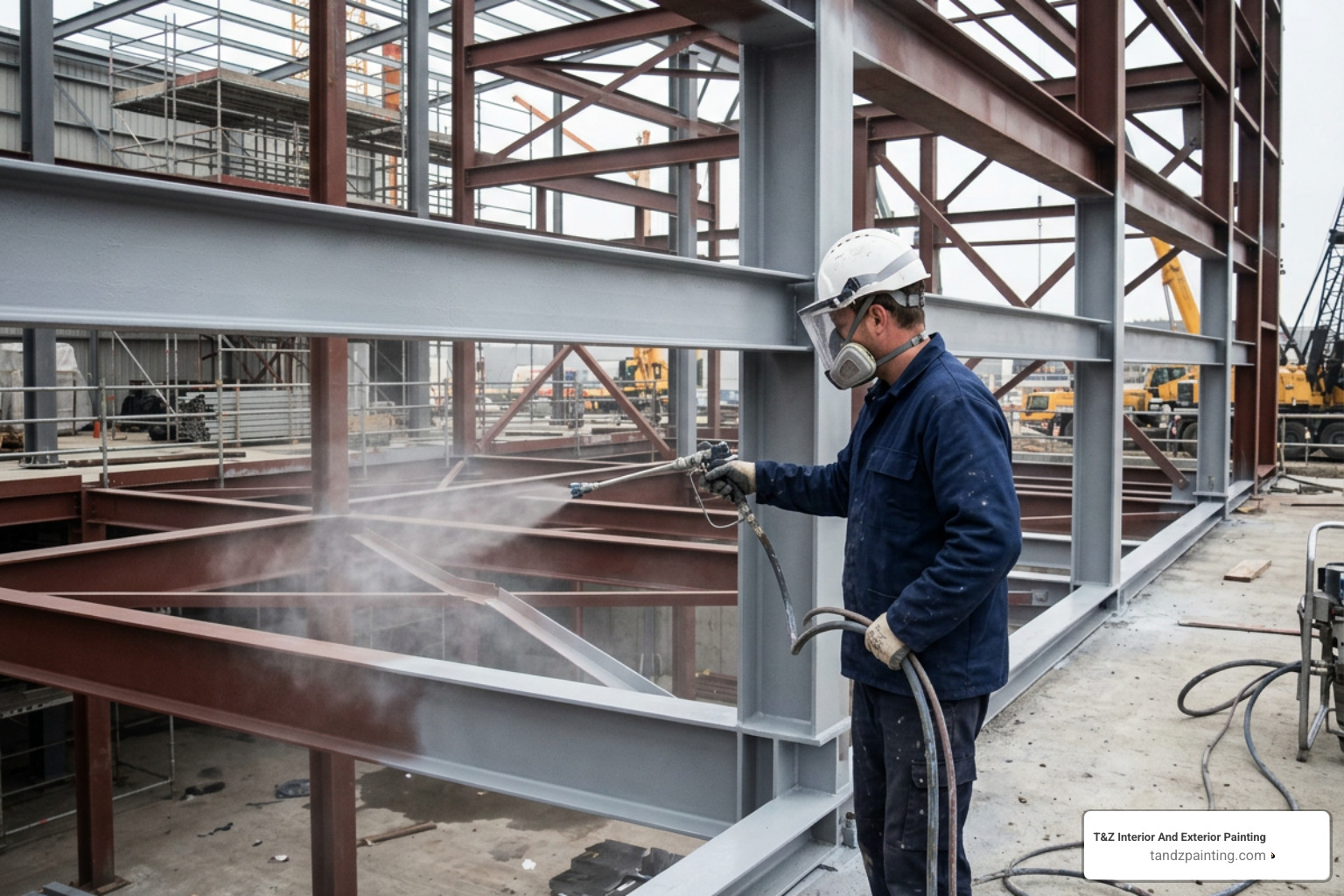 Professional spray equipment applying a protective layer to structural steel