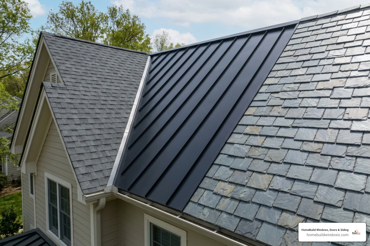 Different roofing material options showing asphalt shingles, standing seam metal, and premium slate tiles