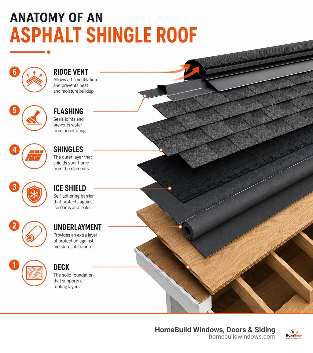 Anatomy of an asphalt shingle roof showing layers: deck, underlayment, ice shield, shingles, flashing, and ridge vent
