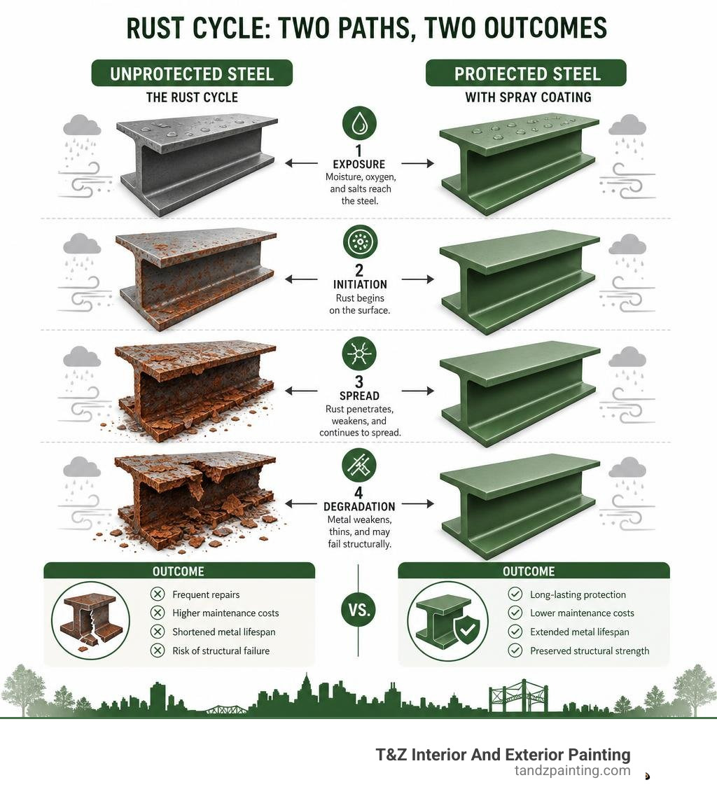 Rust cycle on unprotected steel vs protected steel with spray coating — stages and outcomes infographic