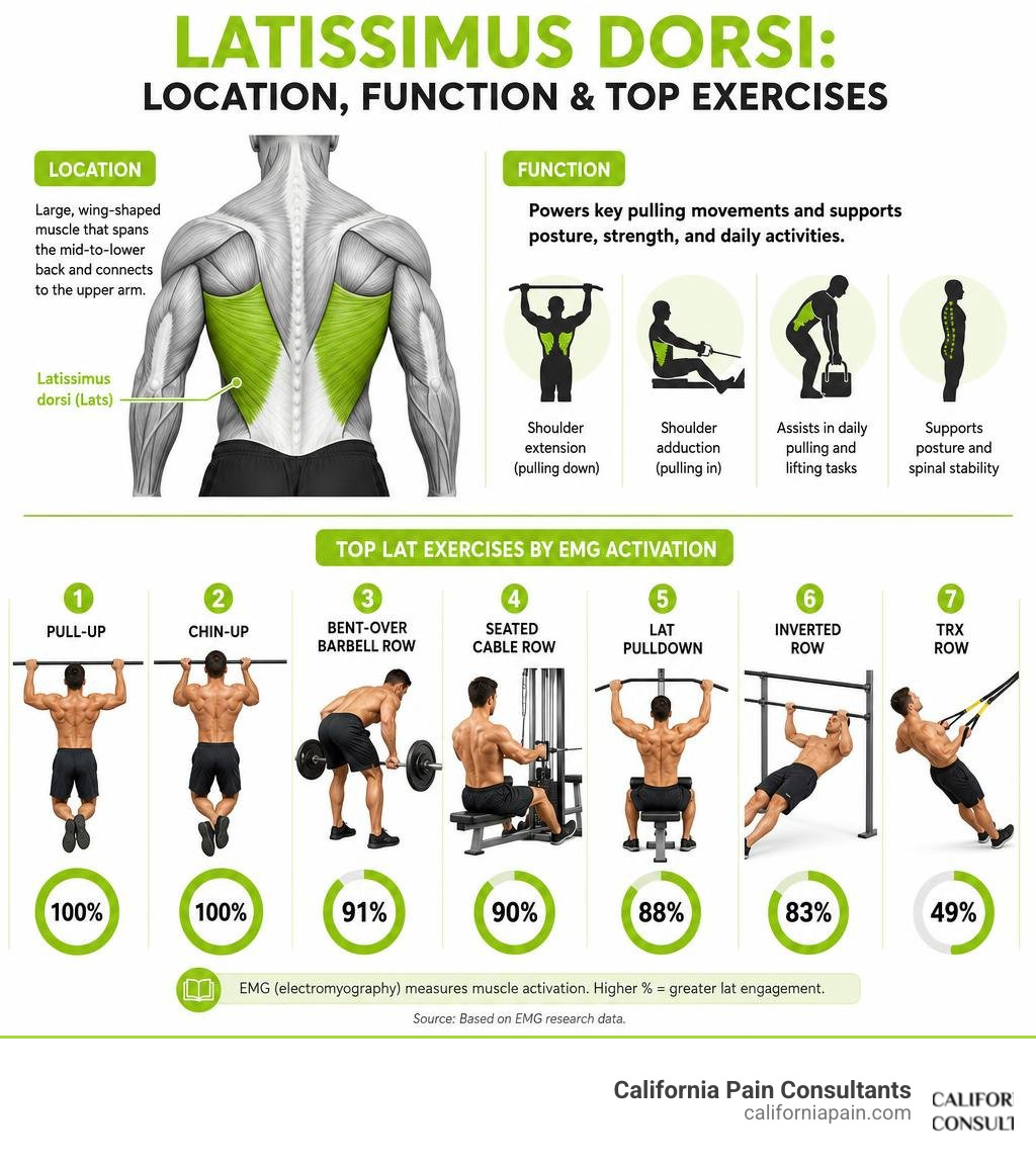 Infographic showing latissimus dorsi location, function, and top exercises by EMG activation infographic