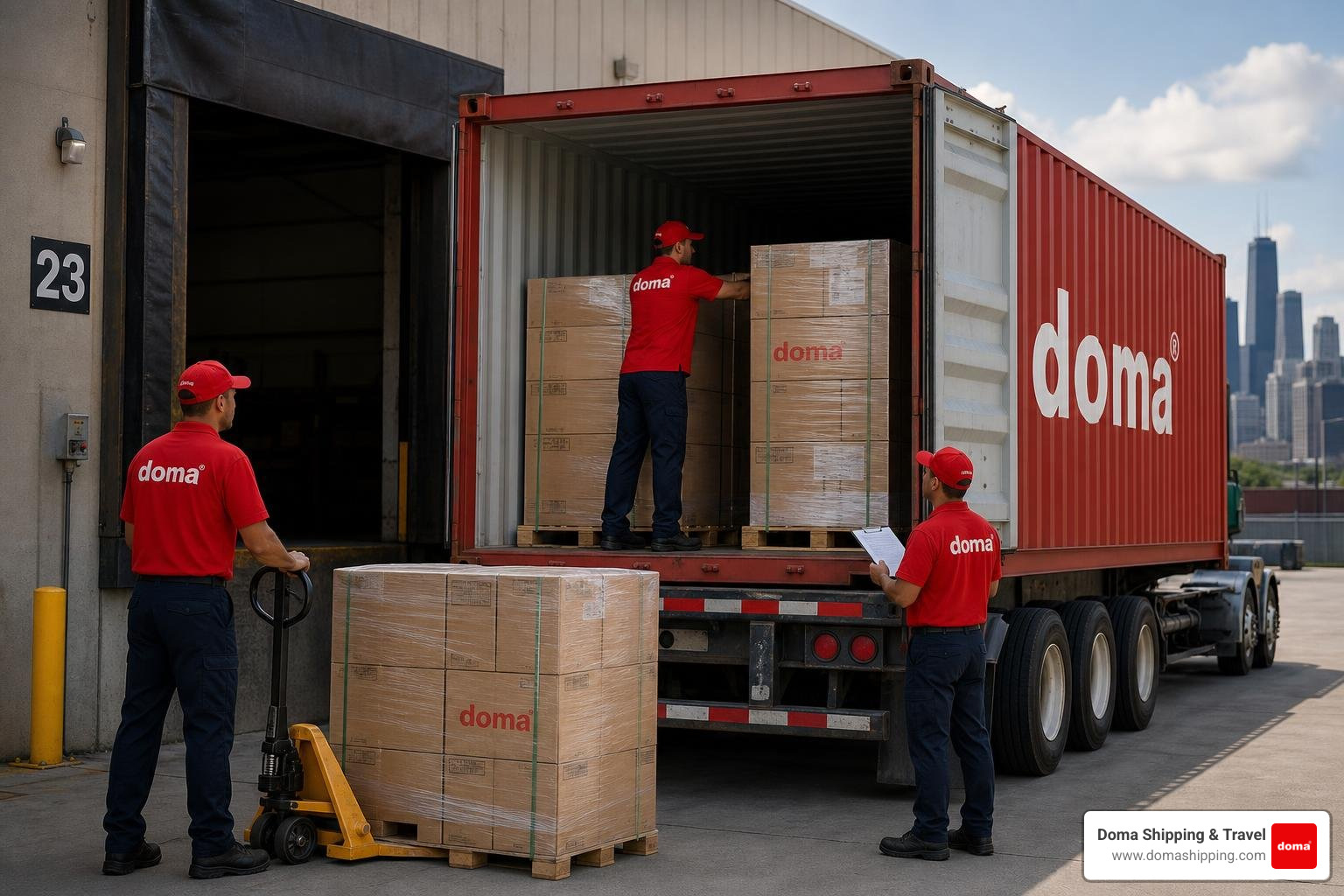 A 40ft high cube container being prepared for export to Europe by Doma Shipping workers in Chicago A 40ft high cube container being prepared for export to Europe by Doma Shipping workers in Chicago