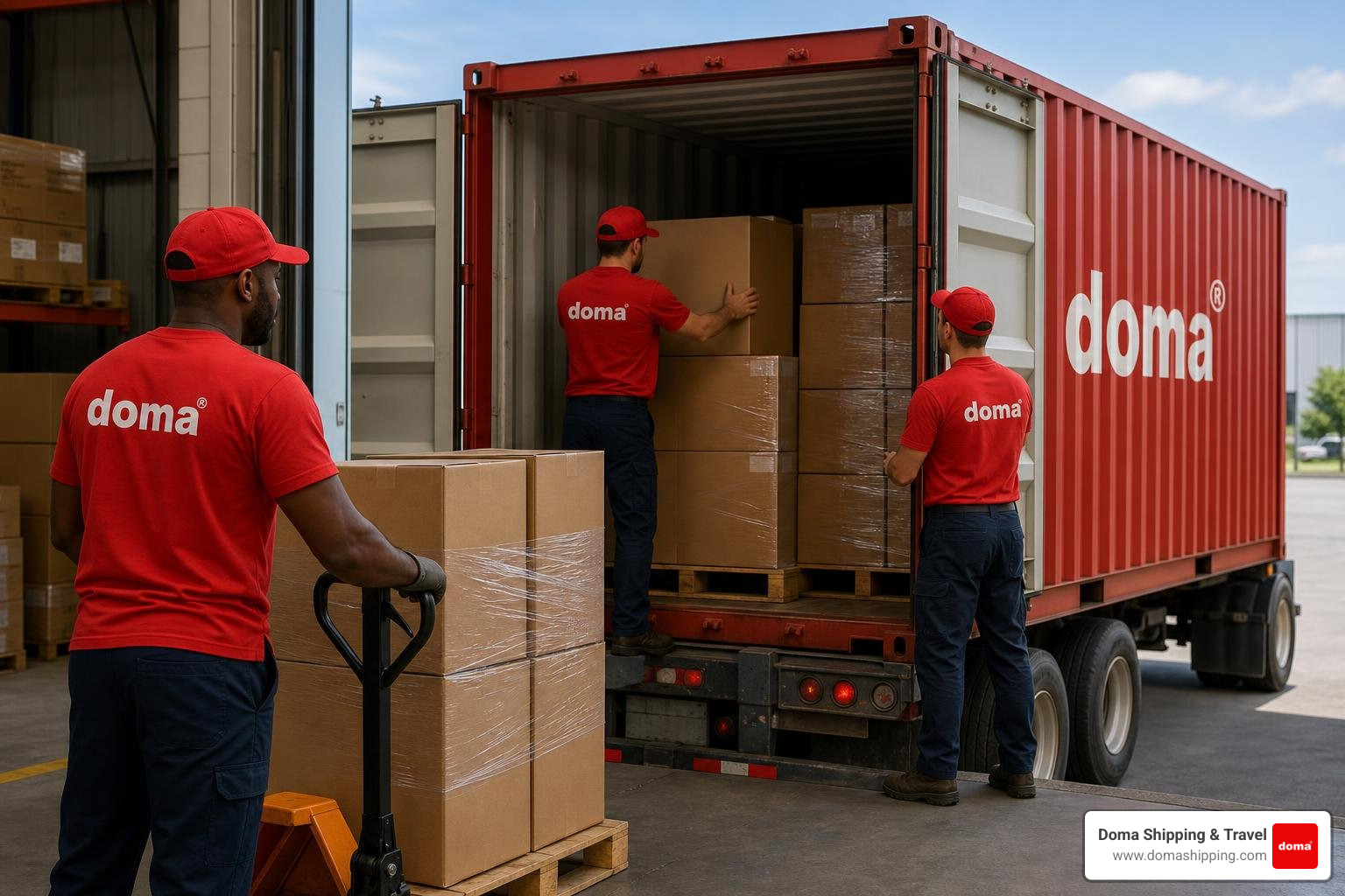 Doma Shipping professional team loading cargo safely into an ocean container in Illinois Doma Shipping professional team loading cargo safely into an ocean container in Illinois