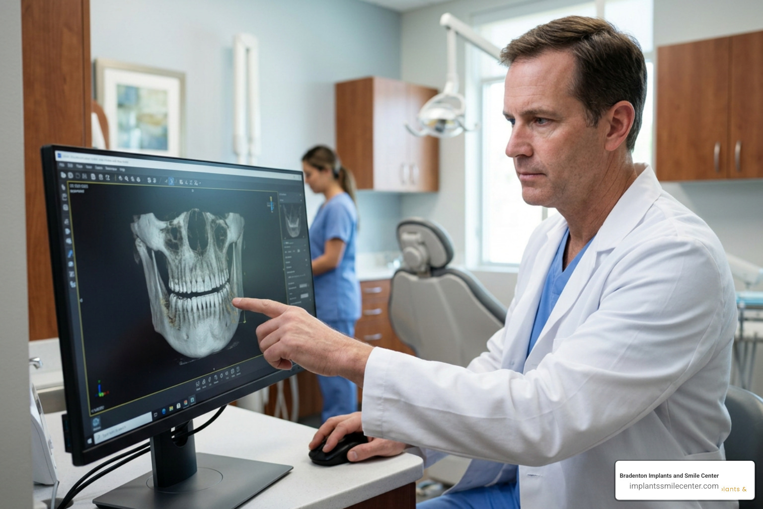 Dentist examining a 3D CBCT scan to assess jawbone density Dentist examining a 3D CBCT scan to assess jawbone density