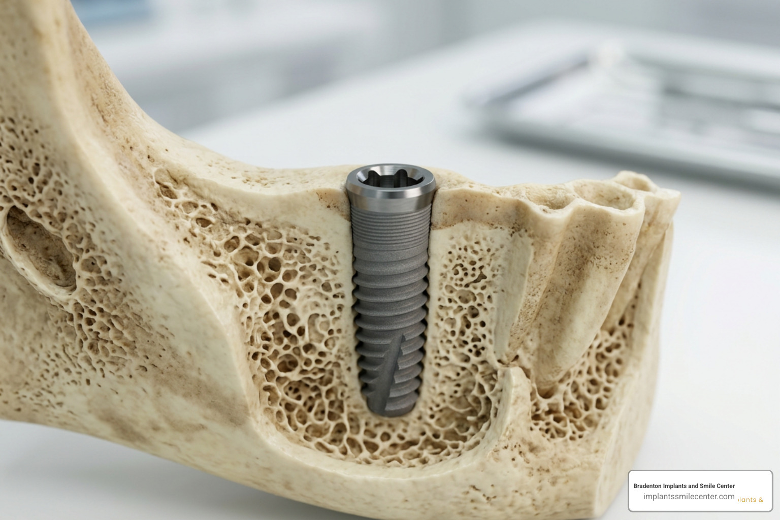 Single dental implant model showing the jawbone integration Single dental implant model showing the jawbone integration