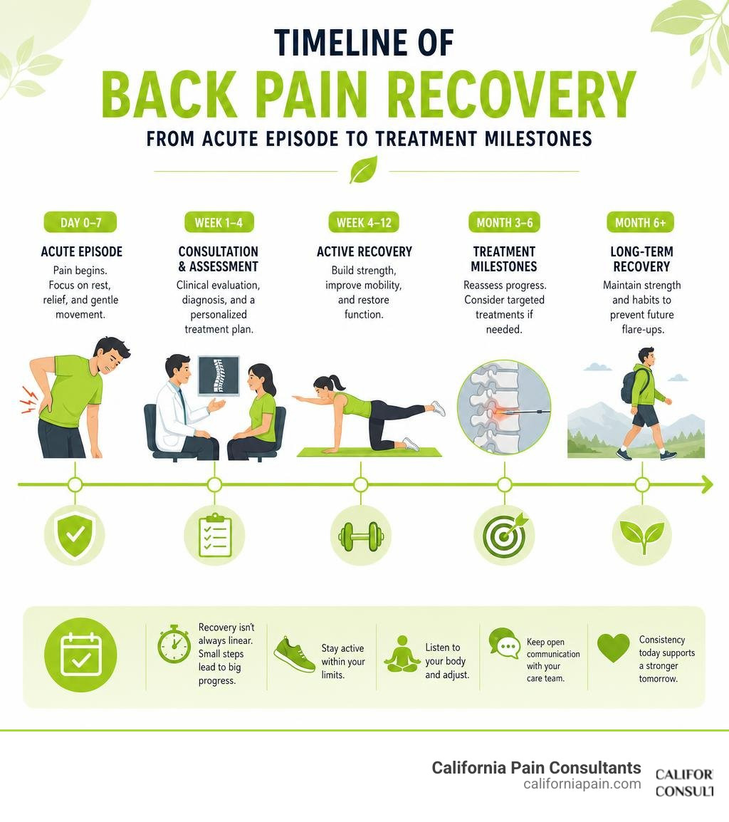 Timeline of back pain recovery from acute episode to treatment milestones infographic