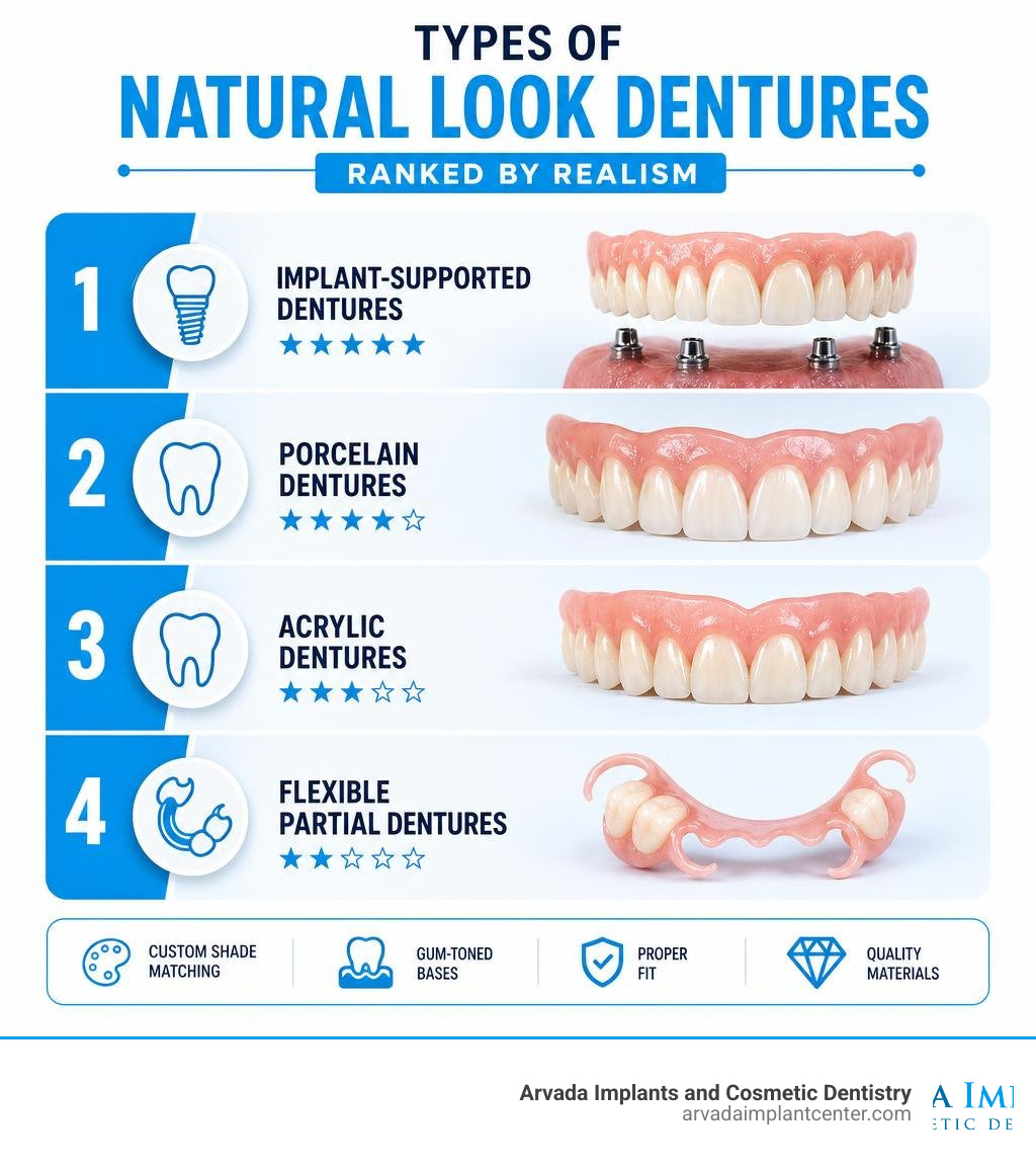 Infographic showing types of natural look dentures ranked by realism: implant-supported, porcelain, acrylic, flexible