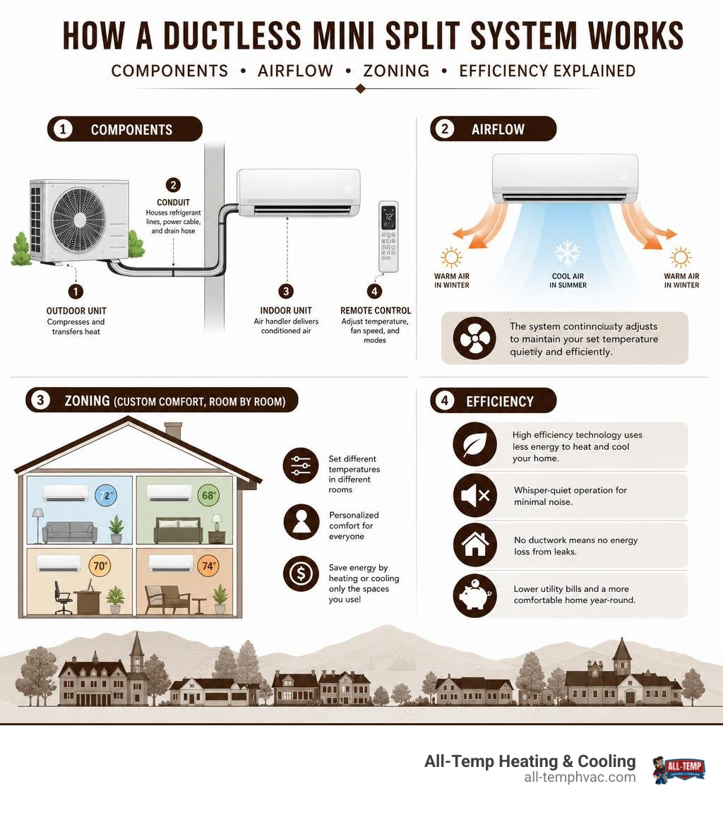 How a ductless mini split system works: components, airflow, zoning, and efficiency explained infographic