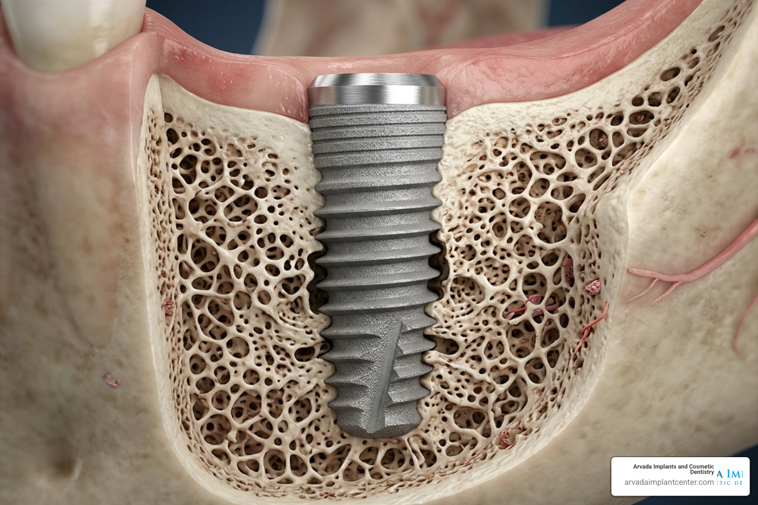Osseointegration process diagram showing bone fusing with the titanium implant post over several months