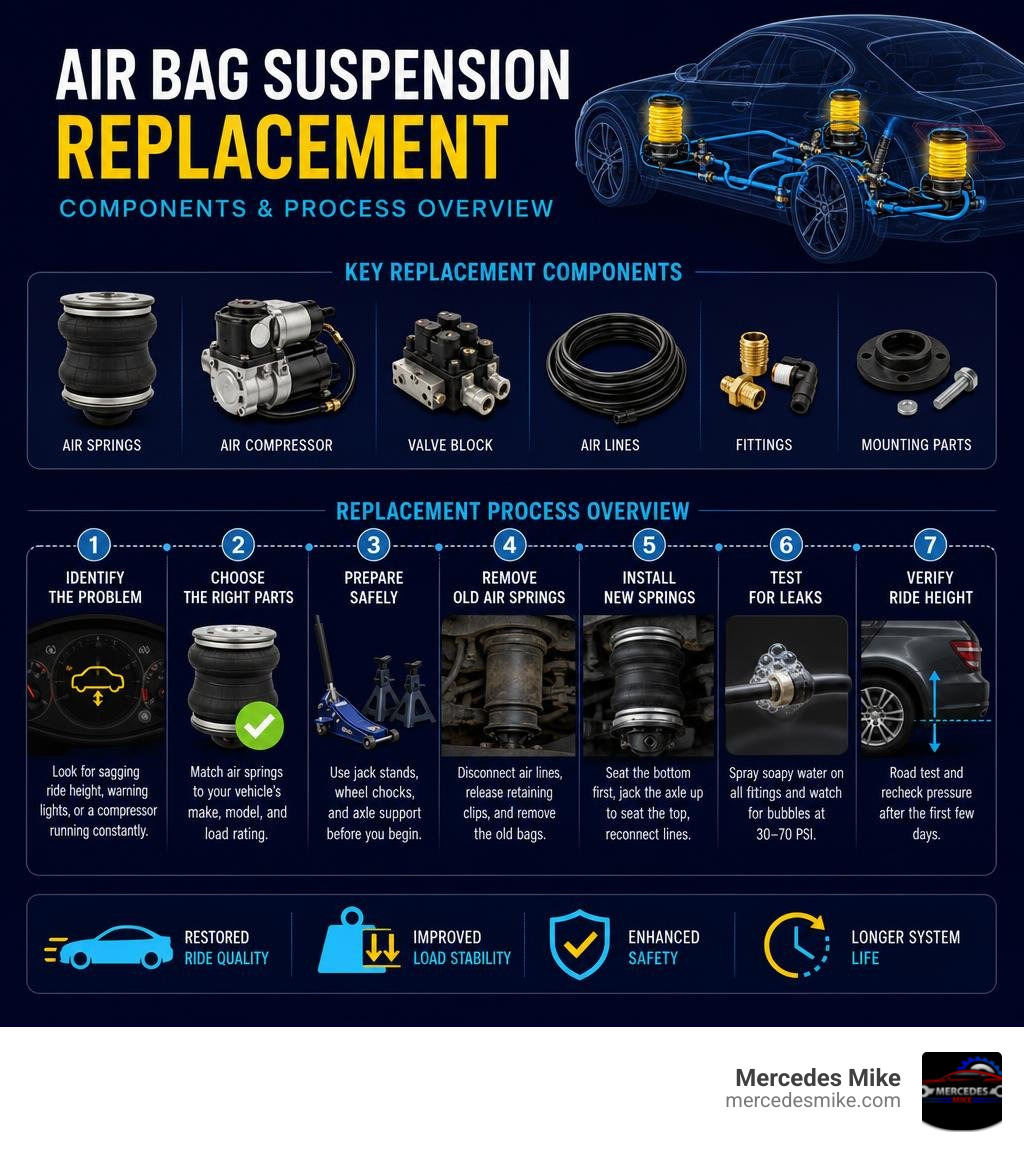 Air bag suspension replacement components and process overview infographic infographic