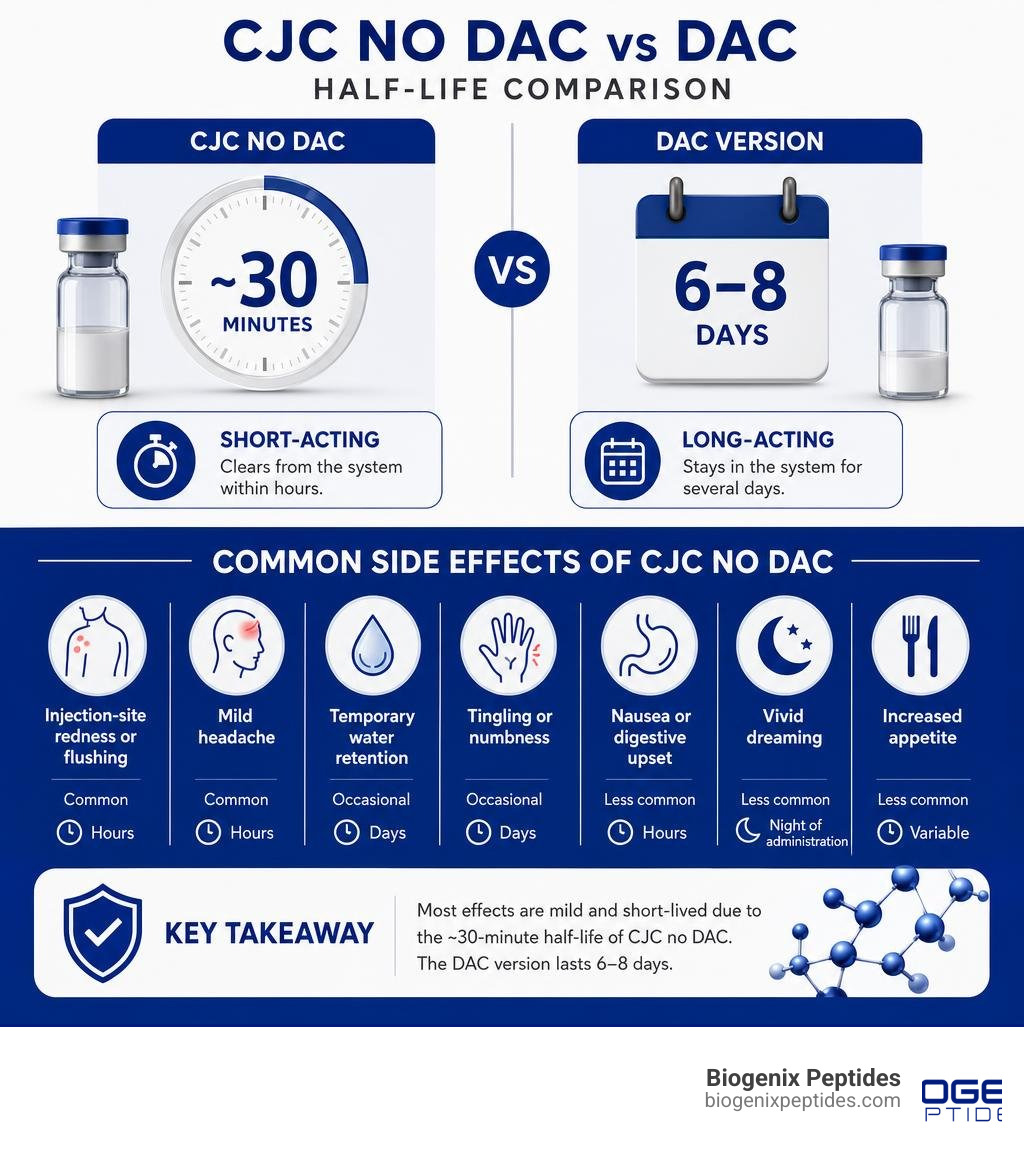 CJC no DAC vs DAC half-life comparison and common side effects infographic infographic