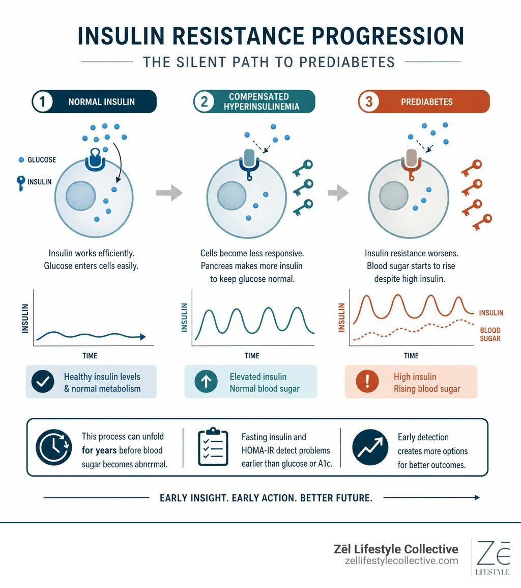 Infographic showing insulin resistance progression from normal insulin to compensated hyperinsulinemia to prediabetes Infographic showing insulin resistance progression from normal insulin to compensated hyperinsulinemia to prediabetes