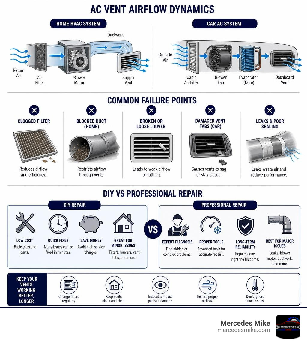 Infographic showing AC vent airflow dynamics, common failure points, and DIY vs professional repair options infographic