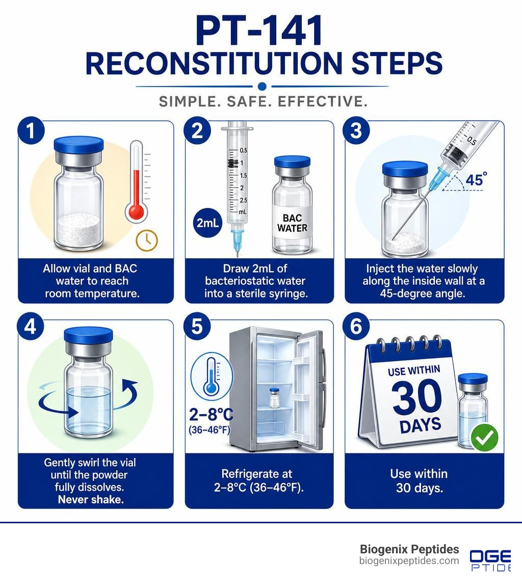 Infographic showing PT-141 reconstitution steps: room temperature prep, 2mL BAC water, 45-degree angle injection, gentle Infographic showing PT-141 reconstitution steps: room temperature prep, 2mL BAC water, 45-degree angle injection, gentle