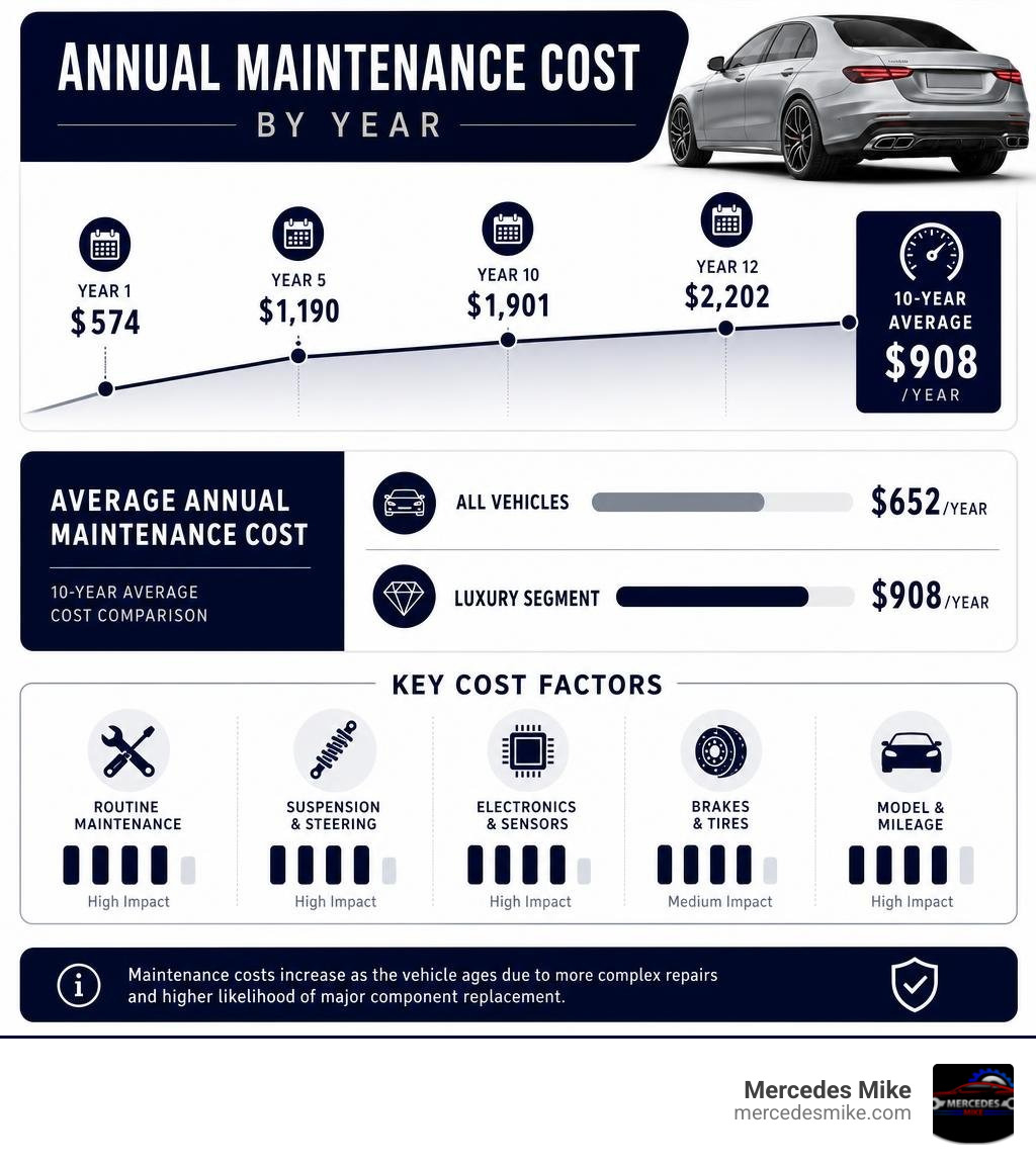 Infographic showing Mercedes annual maintenance cost by year, average vs luxury segment, and key cost factors infographic