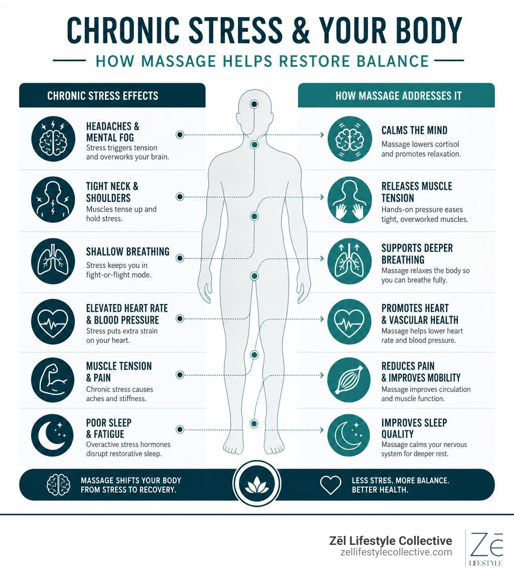 Infographic showing chronic stress effects on the body and how massage addresses each one infographic Infographic showing chronic stress effects on the body and how massage addresses each one infographic