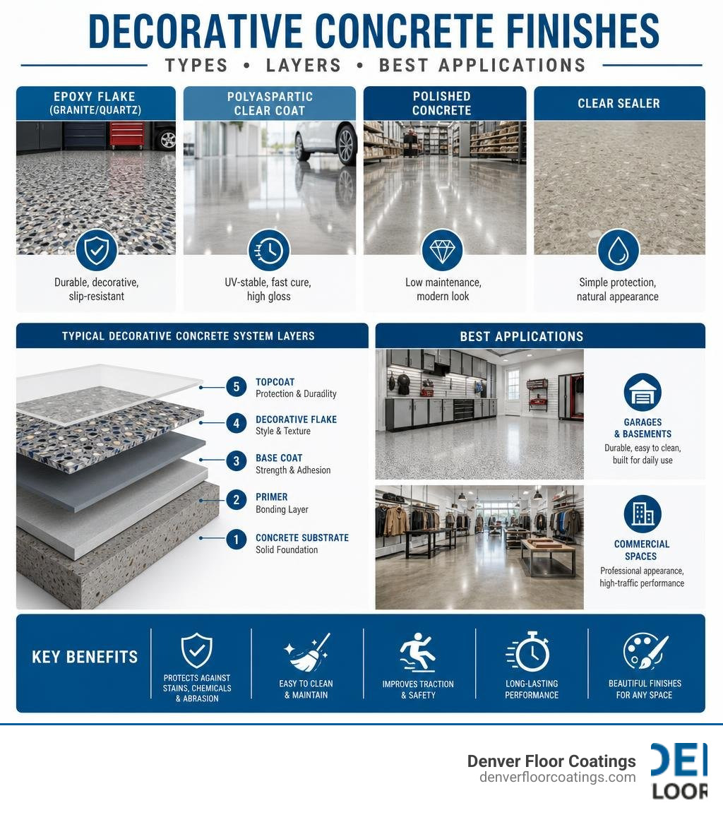 Overview of decorative concrete finish types, layers, and best applications for garages and commercial floors infographic Overview of decorative concrete finish types, layers, and best applications for garages and commercial floors infographic