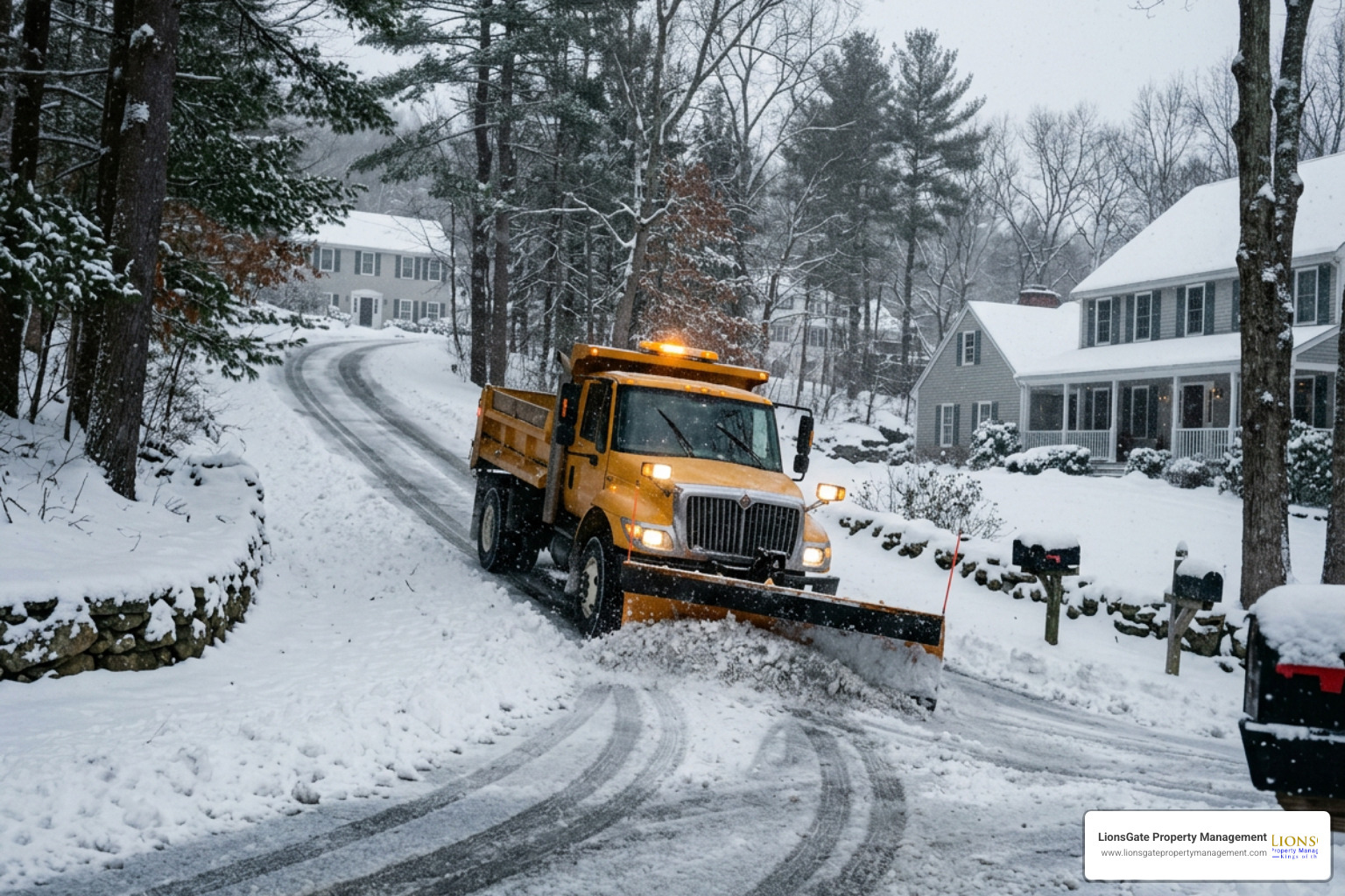 Snow plow clearing a steep driveway in Rhode Island