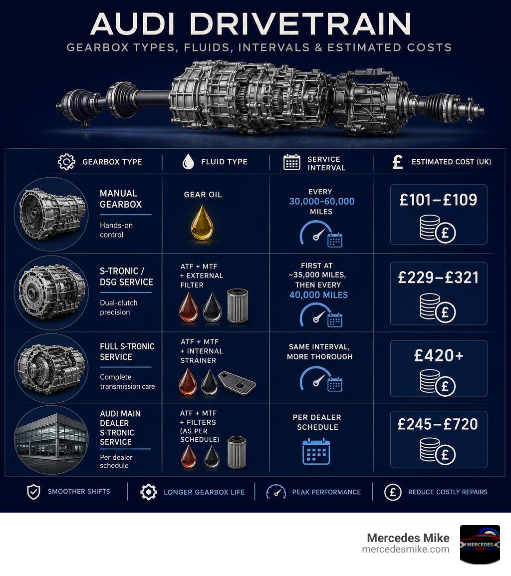 Audi drivetrain components infographic showing gearbox types, fluid types, service intervals, and estimated costs infographic Audi drivetrain components infographic showing gearbox types, fluid types, service intervals, and estimated costs infographic