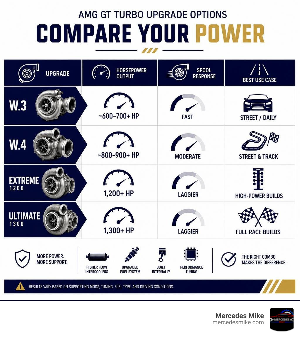 Infographic comparing AMG GT turbo upgrade options by horsepower output, spool, and best use case infographic Infographic comparing AMG GT turbo upgrade options by horsepower output, spool, and best use case infographic