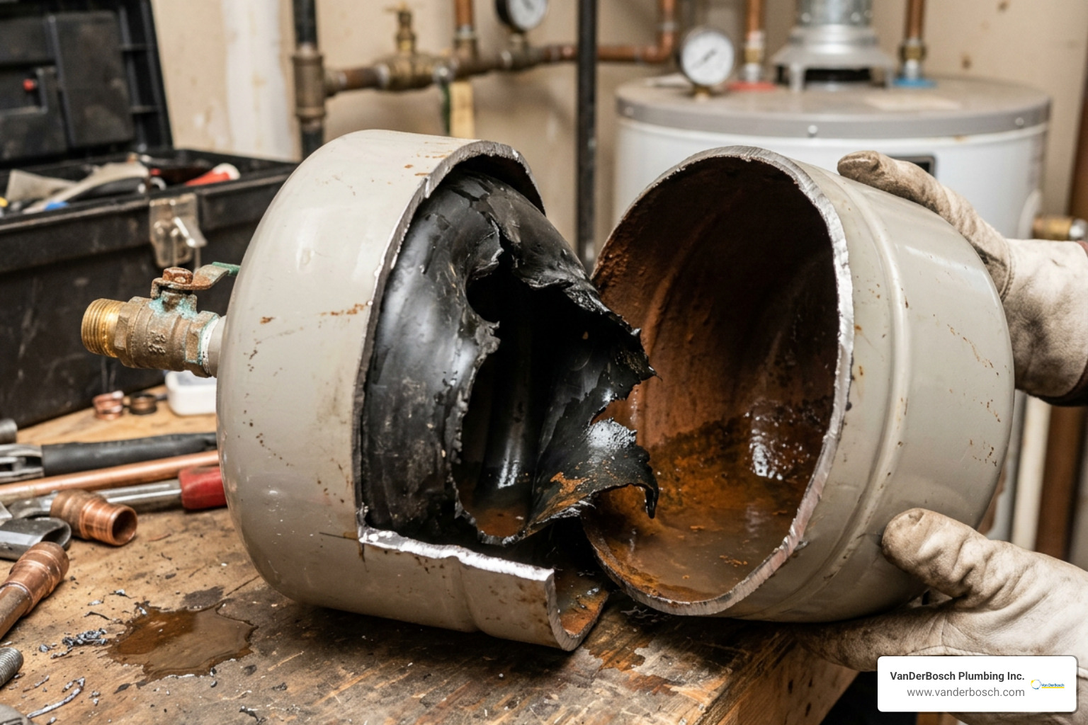 A failed expansion tank with a ruptured diaphragm showing water filling the air side