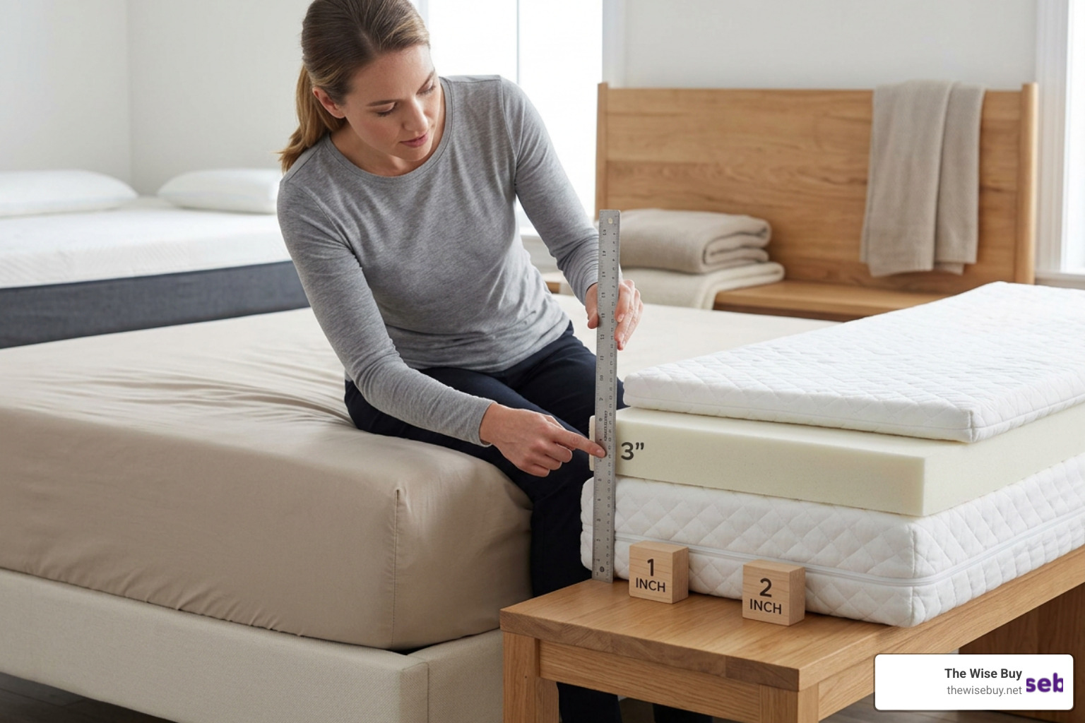 Comparison of mattress topper thicknesses showing 3-inch profile Comparison of mattress topper thicknesses showing 3-inch profile