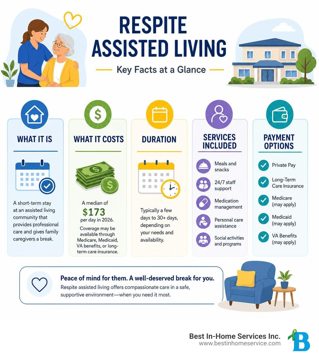 Infographic showing key facts about respite assisted living: definition, cost, duration, services included, and payment Infographic showing key facts about respite assisted living: definition, cost, duration, services included, and payment