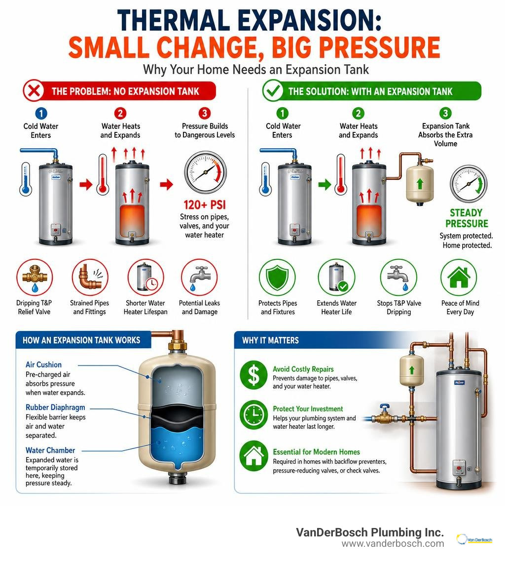 Infographic showing how thermal expansion affects home plumbing pressure and why an expansion tank is needed infographic